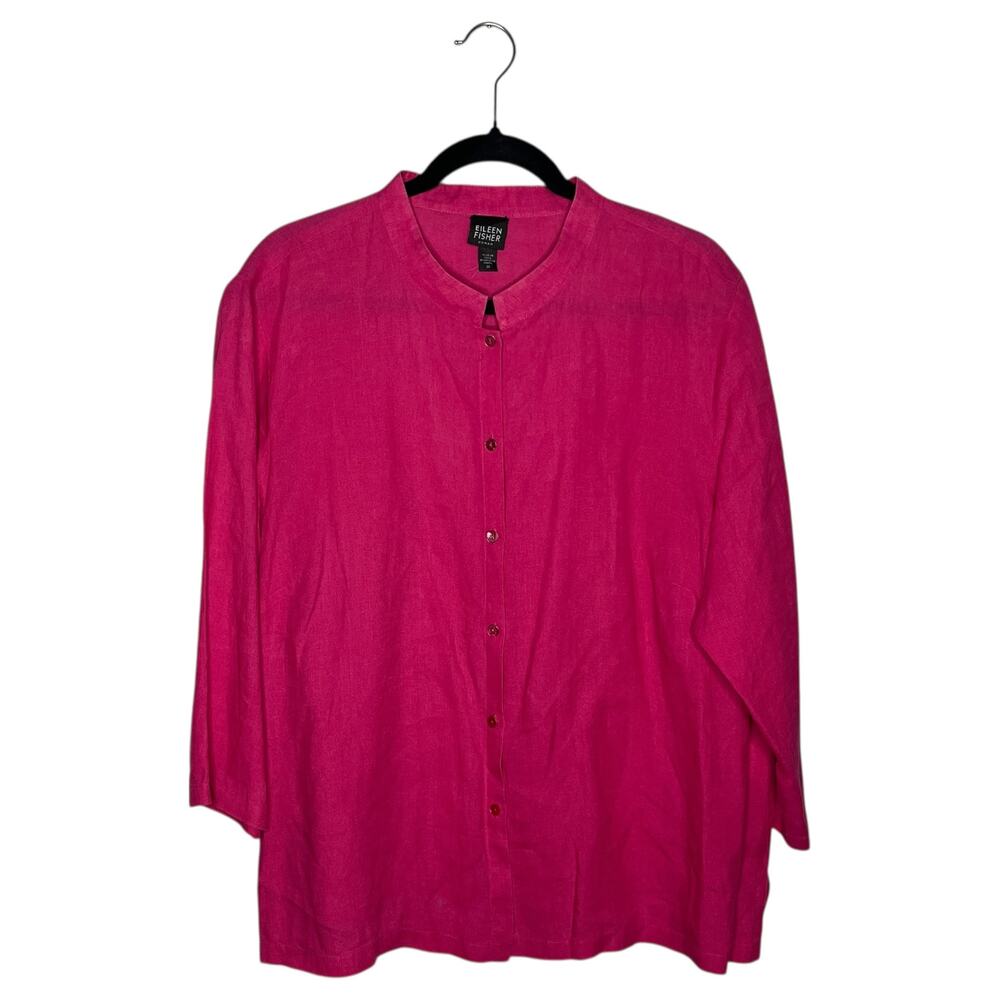 Eileen Fisher Blouse Womens 1X Plus Pink Irish Linen Mandarin Collar Button Down